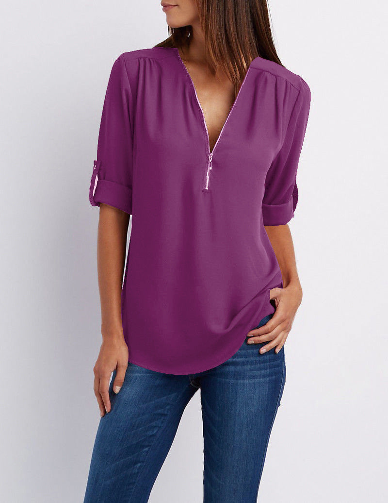 Plus-Size V-Neck Zip-Up Long Sleeve Chiffon Blouse