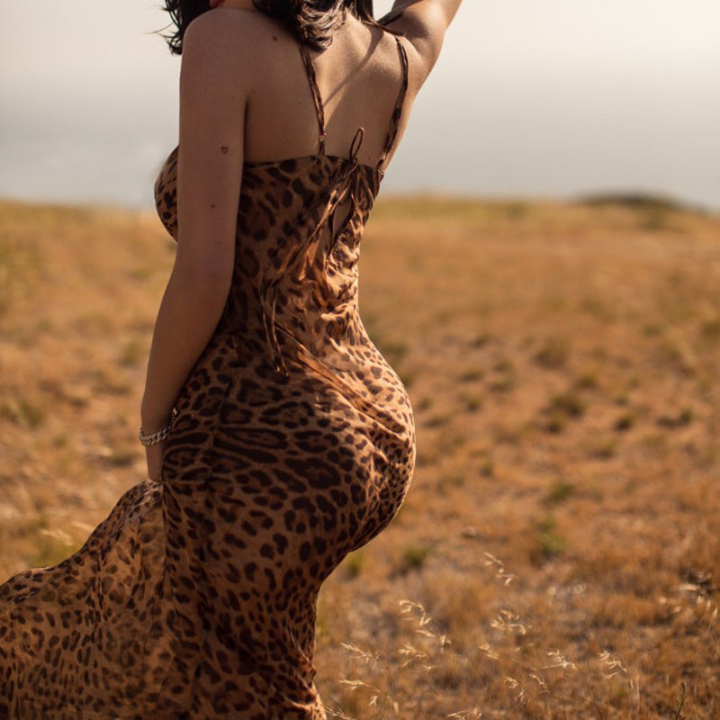 Sexy Backless Leopard Long Evening Dresses
