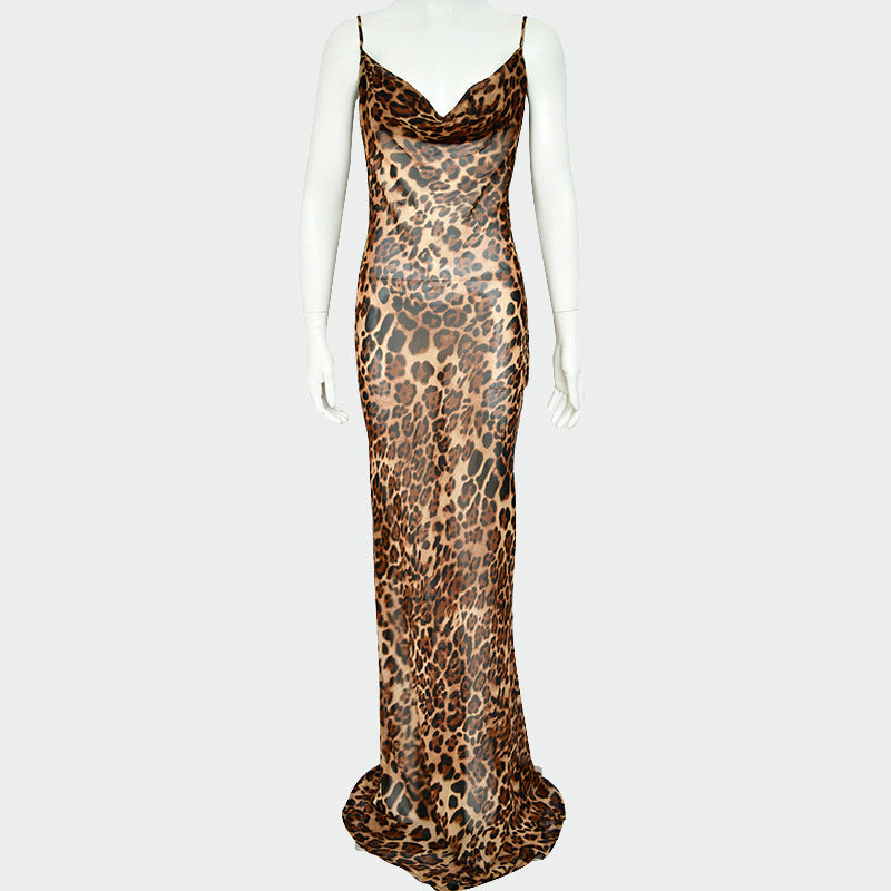 Sexy Backless Leopard Long Evening Dresses