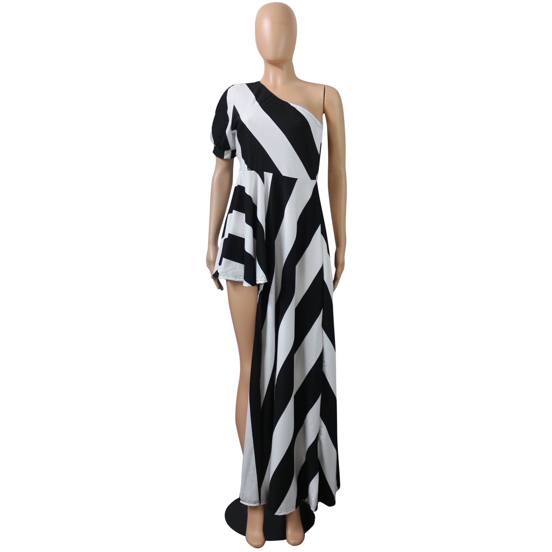 Sexy One Shoulder Striped Women Long Shirt Dresses-Dresses-Free Shipping at meselling99
