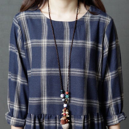 Vintage Linen Plaid Women Plus Sizes Long Dresses-Dresses-Free Shipping at meselling99