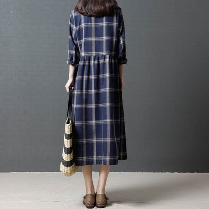 Vintage Linen Plaid Women Plus Sizes Long Dresses-Dresses-The same as picture-XL-Free Shipping at meselling99