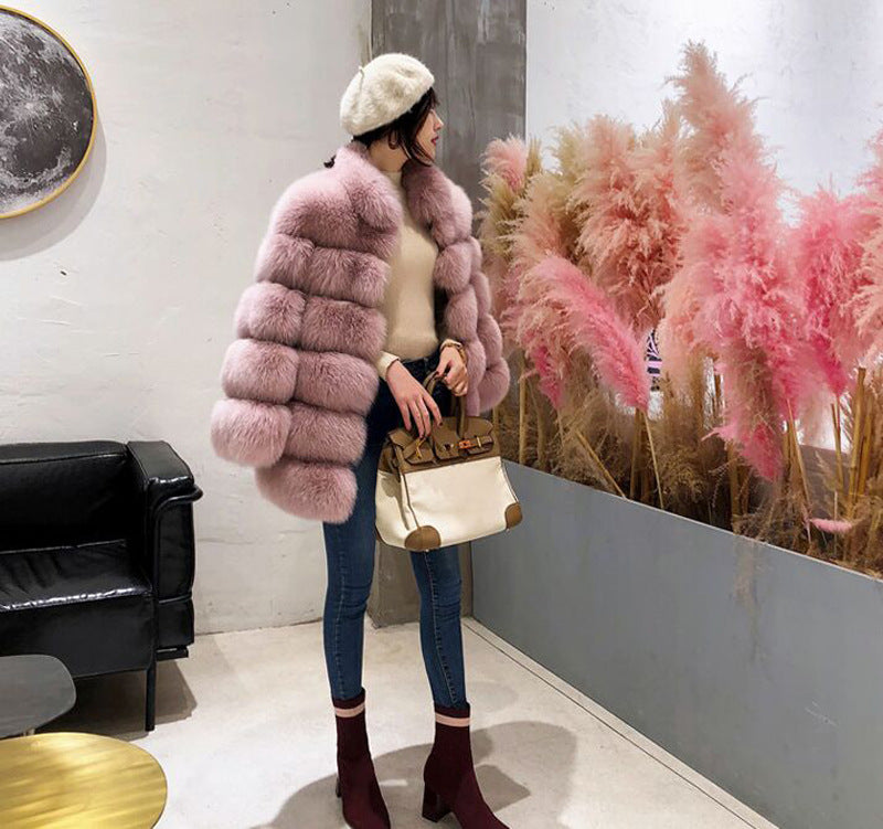 Fashion Leather with Fur Long Sleeves Winter Coats for Women