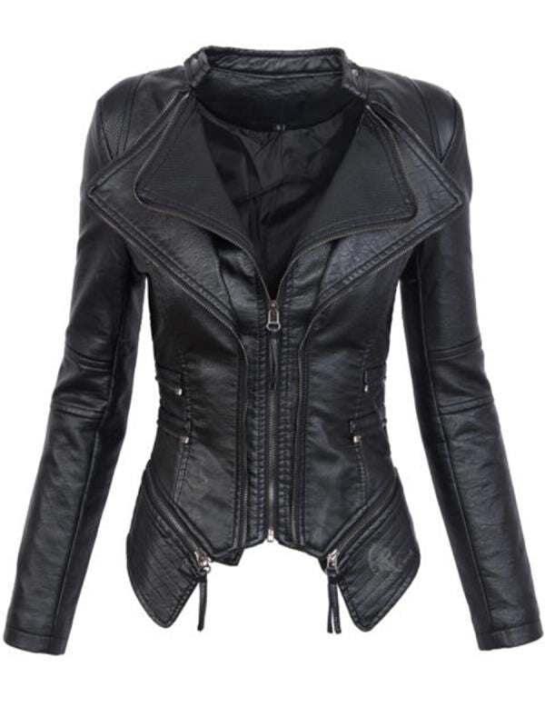 Women PU Leather Zipper Short Jacket Overcoat