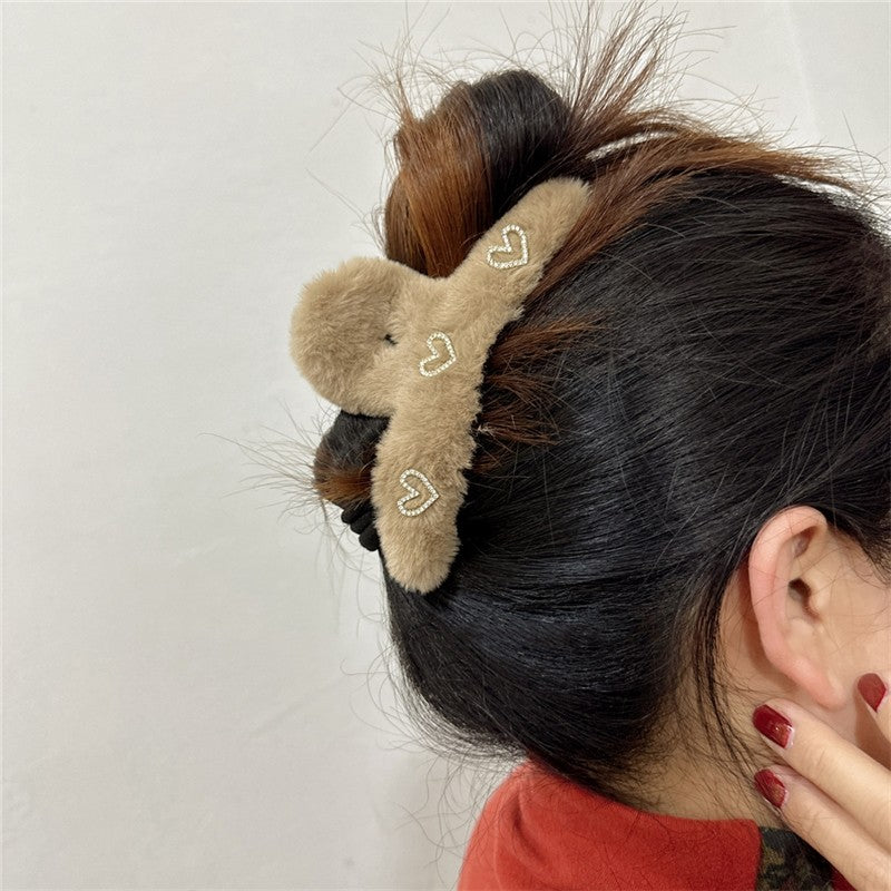 Rhinestone Heart Furry Hair Claw Clip
