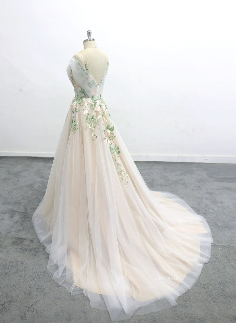 Forest Fairy Green Flower Tulle Wedding Dresses