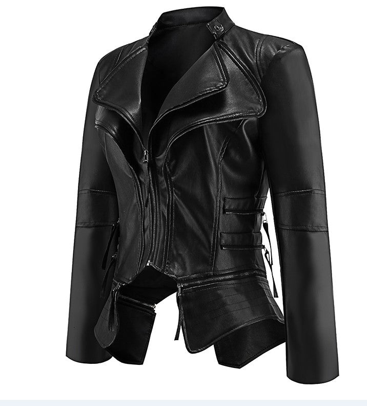 Women PU Leather Zipper Short Jacket Overcoat