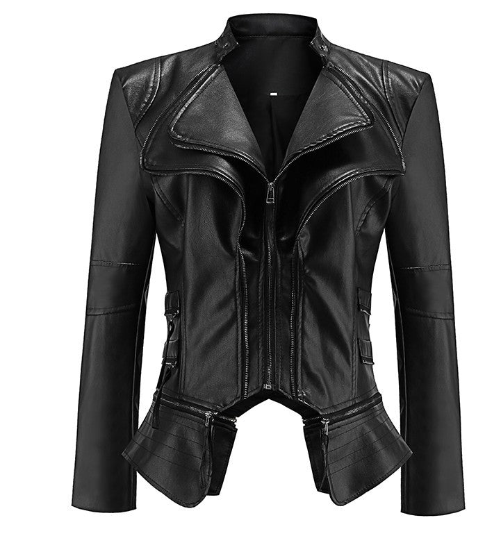 Women PU Leather Zipper Short Jacket Overcoat