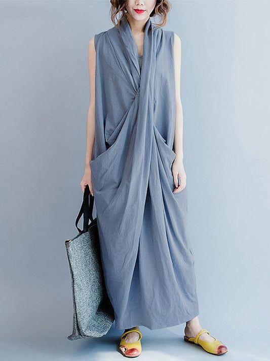 Loose Gray-blue Cropped Pockets Long Dress-Maxi Dress-GRAY BLUE-FREE SIZE-Free Shipping at meselling99