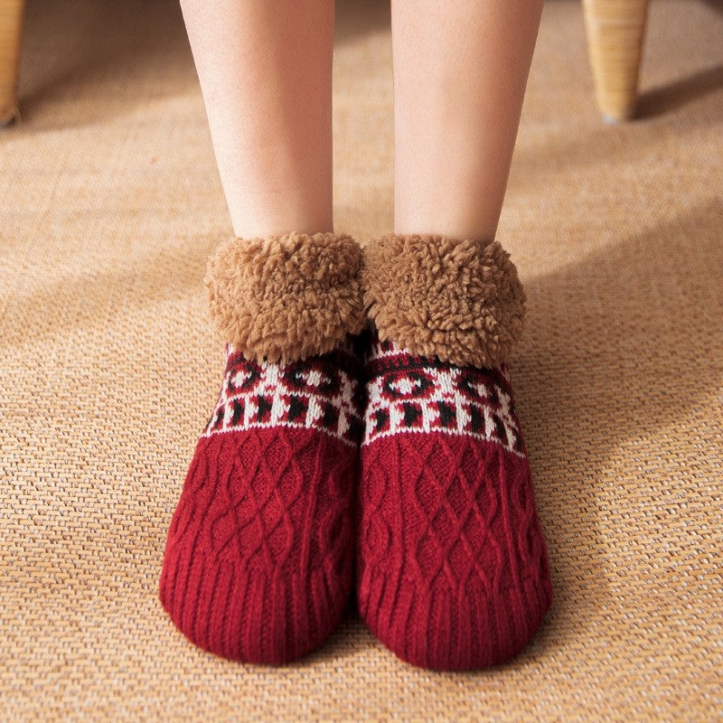 Adults Jacquard Knitted Fleece Lining Thick Warm Non-Slip Indoor Socks