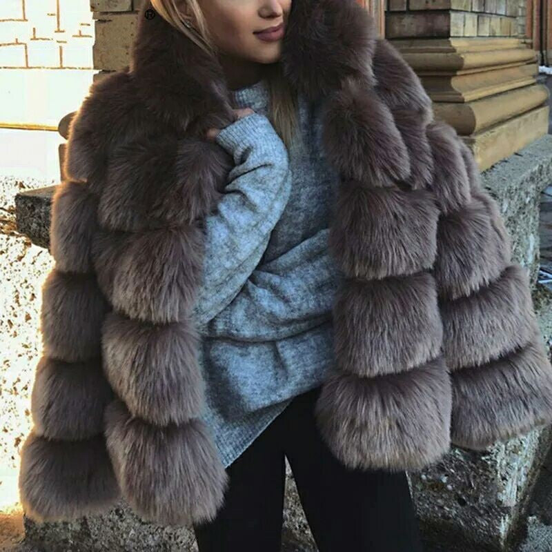 Winter Warm Artificial Fox Fur Overcoat for Women