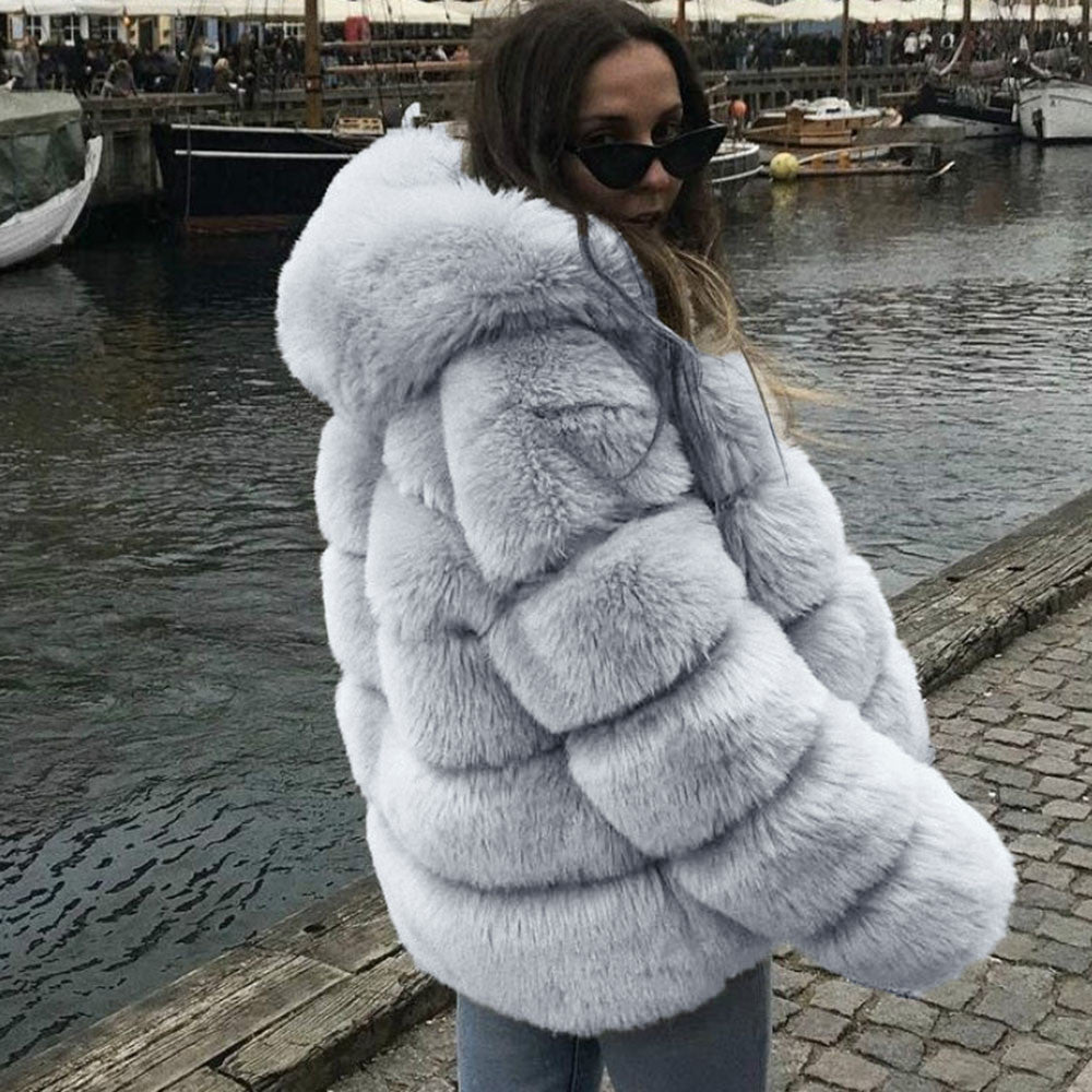 Winter Warm Artificial Fox Fur Overcoat for Women