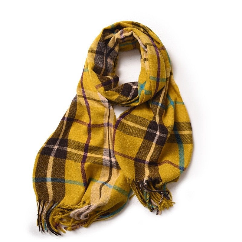 Contrast Color Plaid Tassel Thick Dourble-Side Warm Shawl Scarf