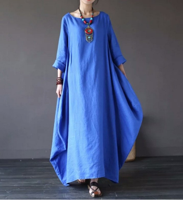 Plus Size Loose Linen Long Cozy Dresses-Maxi Dresses-Blue-L-Free Shipping at meselling99