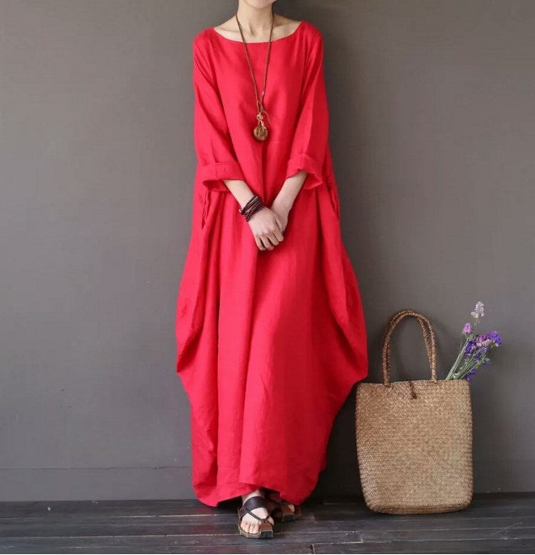 Plus Size Loose Linen Long Cozy Dresses-Maxi Dresses-Red-L-Free Shipping at meselling99