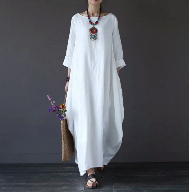 Plus Size Loose Linen Long Cozy Dresses-Maxi Dresses-White-L-Free Shipping at meselling99