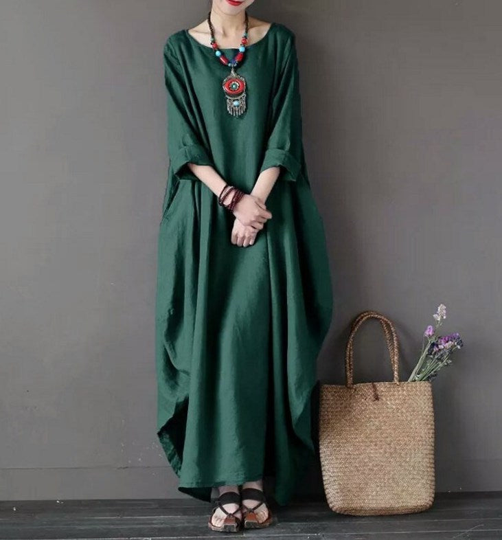 Plus Size Loose Linen Long Cozy Dresses-Maxi Dresses-Green-L-Free Shipping at meselling99
