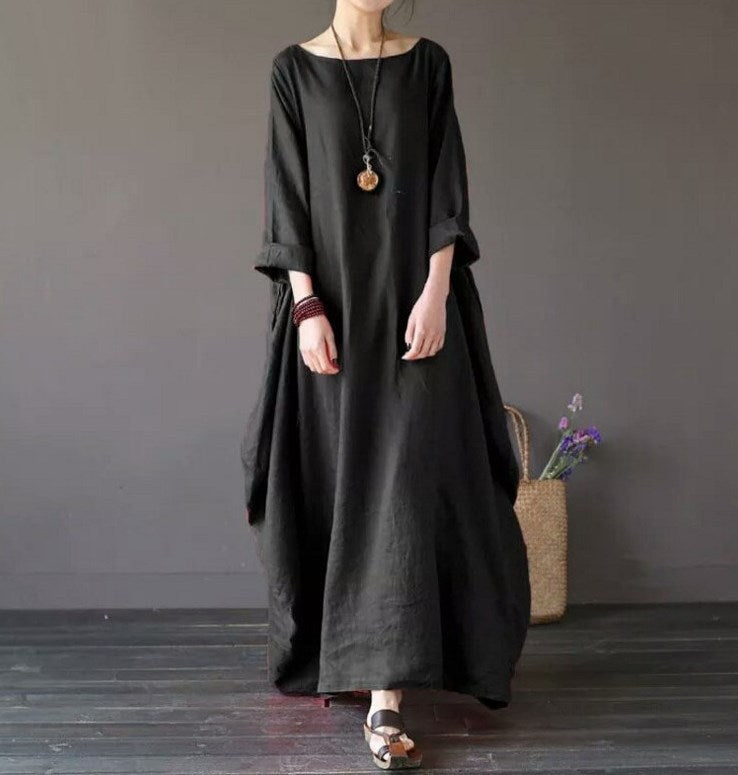 Plus Size Loose Linen Long Cozy Dresses-Maxi Dresses-Black-L-Free Shipping at meselling99
