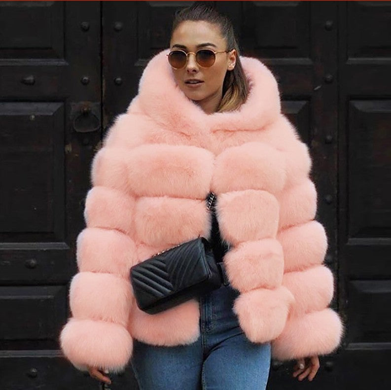 Winter Warm Artificial Fox Fur Overcoat for Women