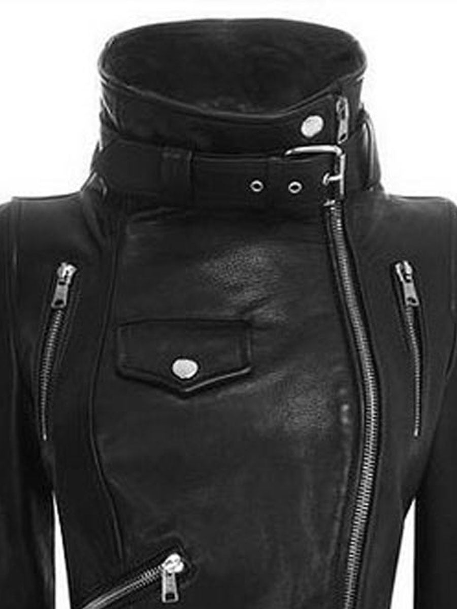 Women High Neck Zipper Short Black PU Leather Jacket