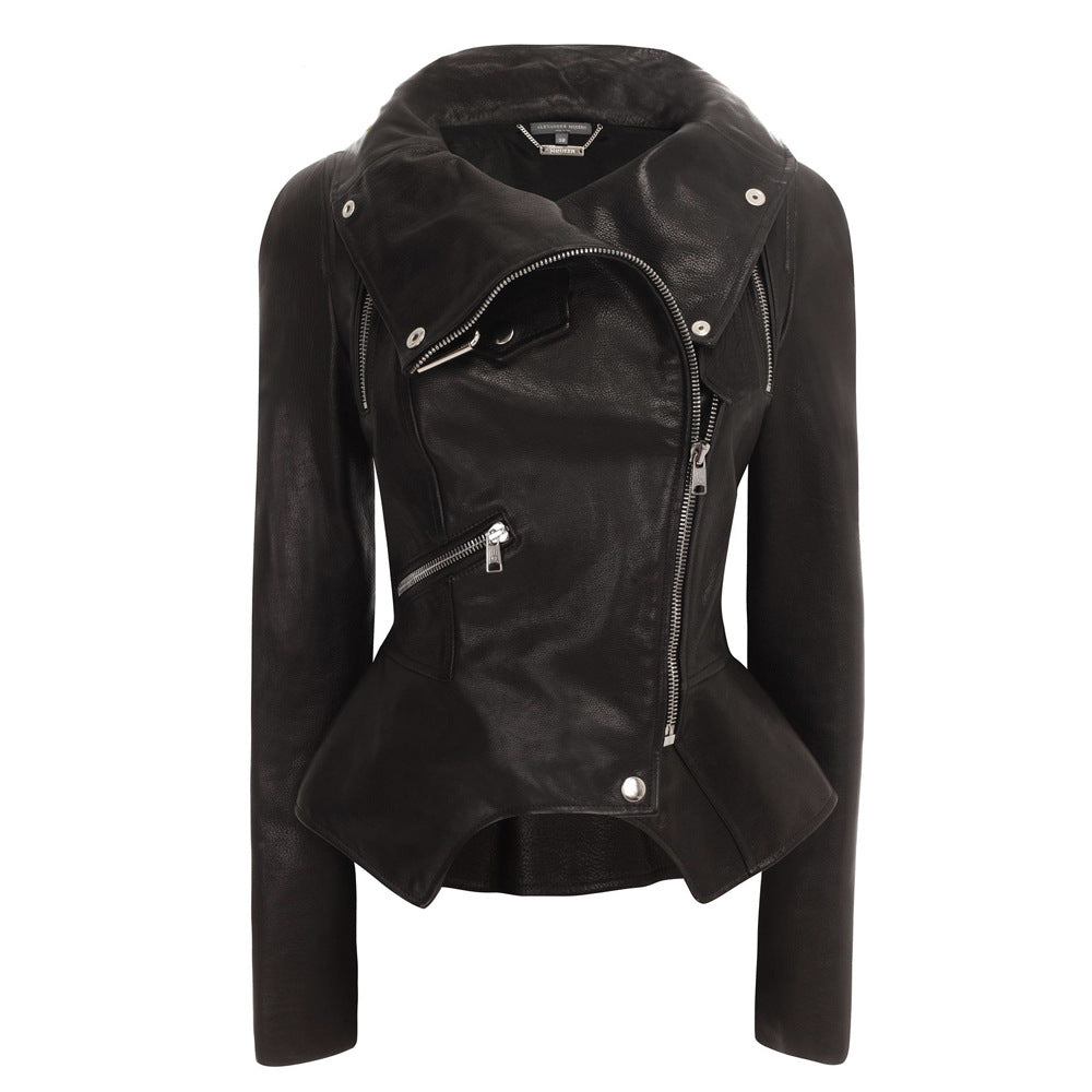 Women High Neck Zipper Short Black PU Leather Jacket