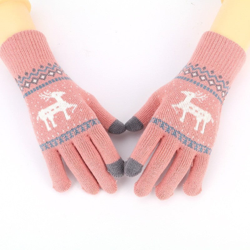 Touchscreen Fawn Jacquard Double Layer Knit Gloves