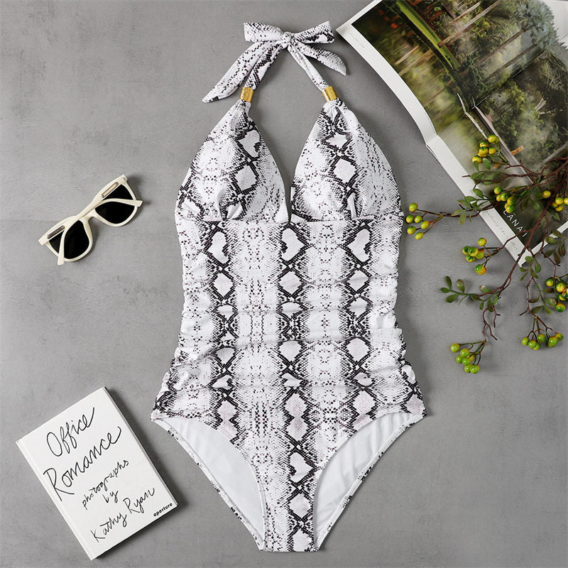 One-Piece Swimsuit Leopard Print Halter Neck Backless Women