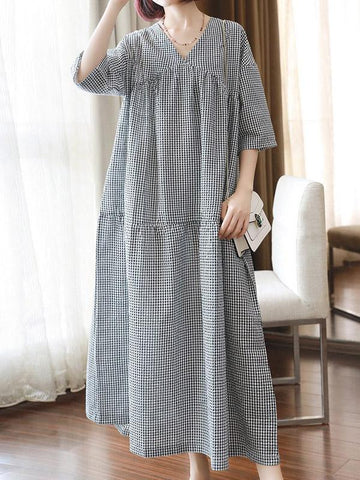 Meselling99 Original Black&White Plaid V-Neck Dress-Maxi Dress-BLACK&WHITE PLAID-FREE SIZE-Free Shipping at meselling99