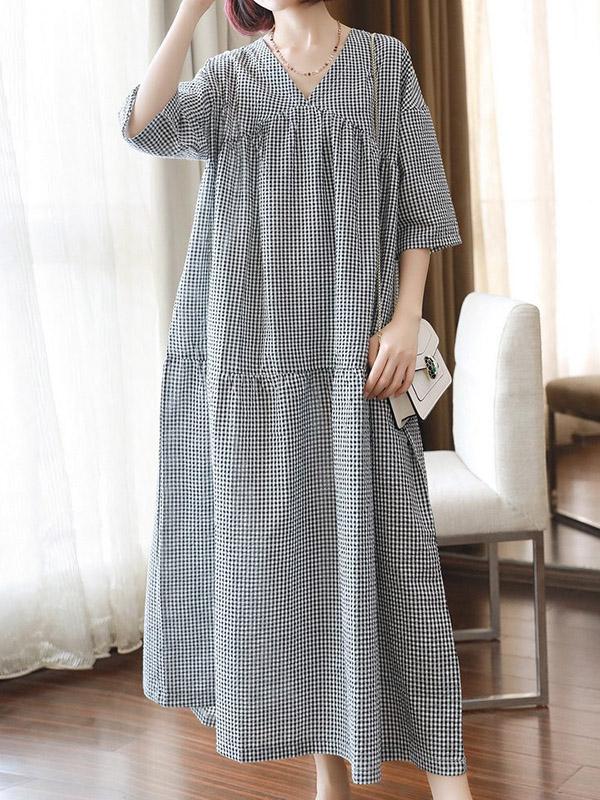 Meselling99 Original Black&White Plaid V-Neck Dress-Maxi Dress-BLACK&WHITE PLAID-FREE SIZE-Free Shipping at meselling99