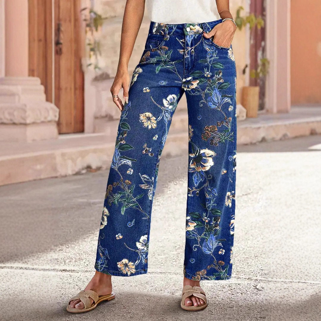 Floral Print High Waist Straight Leg Jeans