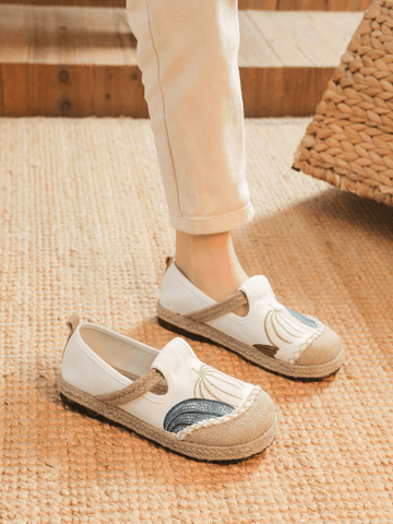 Pumpkin Kiss Embroidered Linen Loafer - Apricot