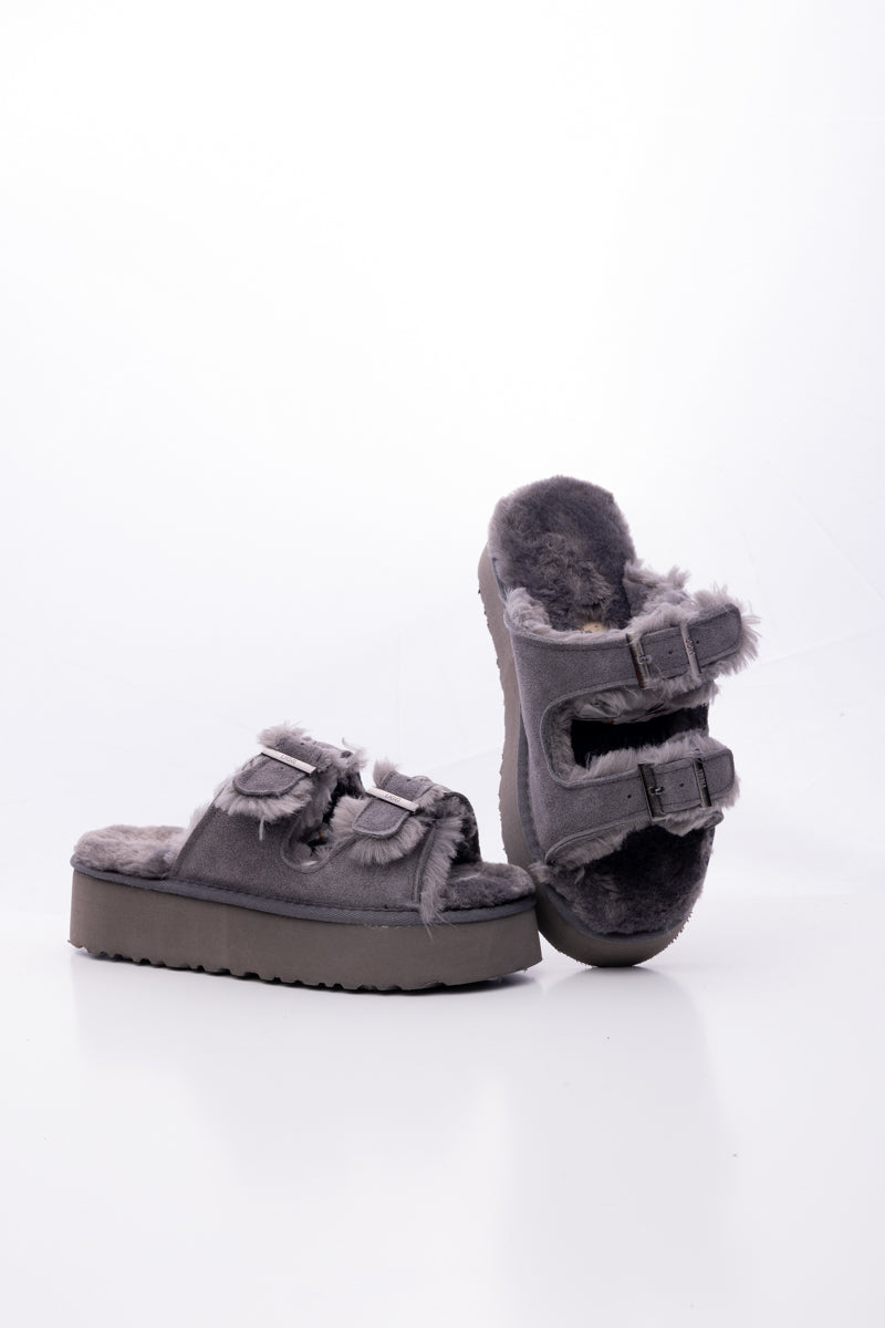 Woolen Suede Double Strap Platform Sandal - Grey