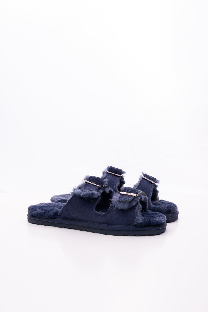 Woolen Lined Double Strap Suede Sandal - Navy