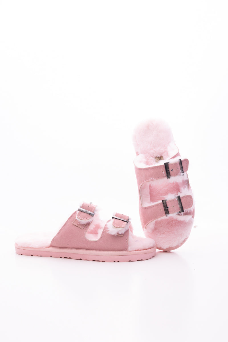 Woolen Lined Double Strap Suede Sandal - Pink
