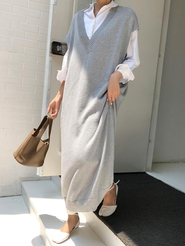Meselling99 Knitting Loose V-Neck Sleeveless Long Dress-Maxi Dress-GRAY-FREE SIZE-Free Shipping at meselling99