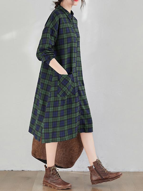 Original Plaid Lapel Shirt Dress-Midi Dress-Free Shipping at meselling99