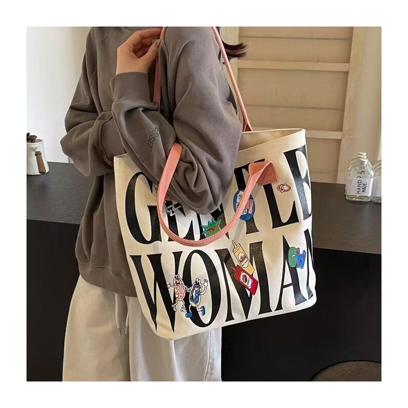 Large Capacity Canvas Shoulder Bag With Cute Cartoon Print