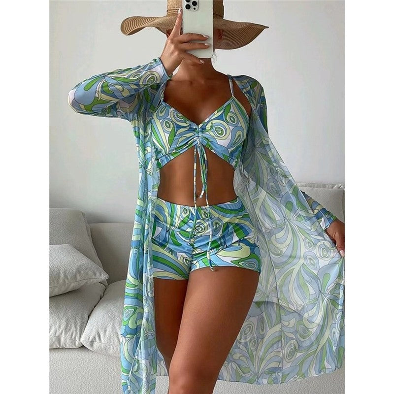 High Waist Long Sleeve Bikini Set With Cover Up And Drawstring Bottoms