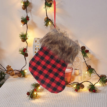 Contrast Color Plaid Plush Small Christmas Sock Gift Bag