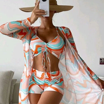 High Waist Long Sleeve Bikini Set With Cover Up And Drawstring Bottoms
