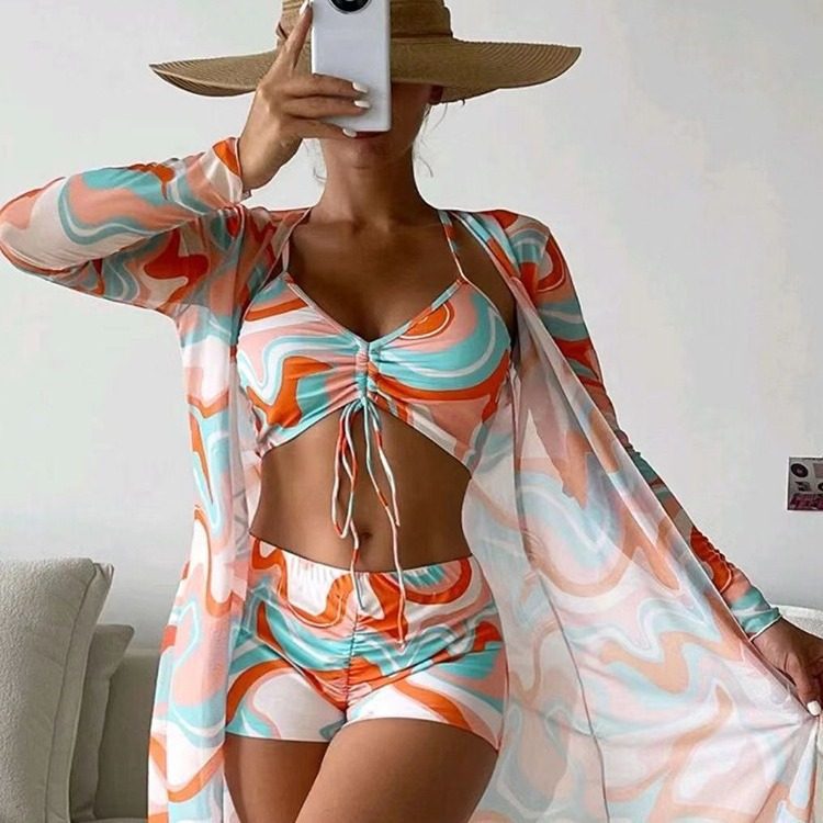 High Waist Long Sleeve Bikini Set With Cover Up And Drawstring Bottoms