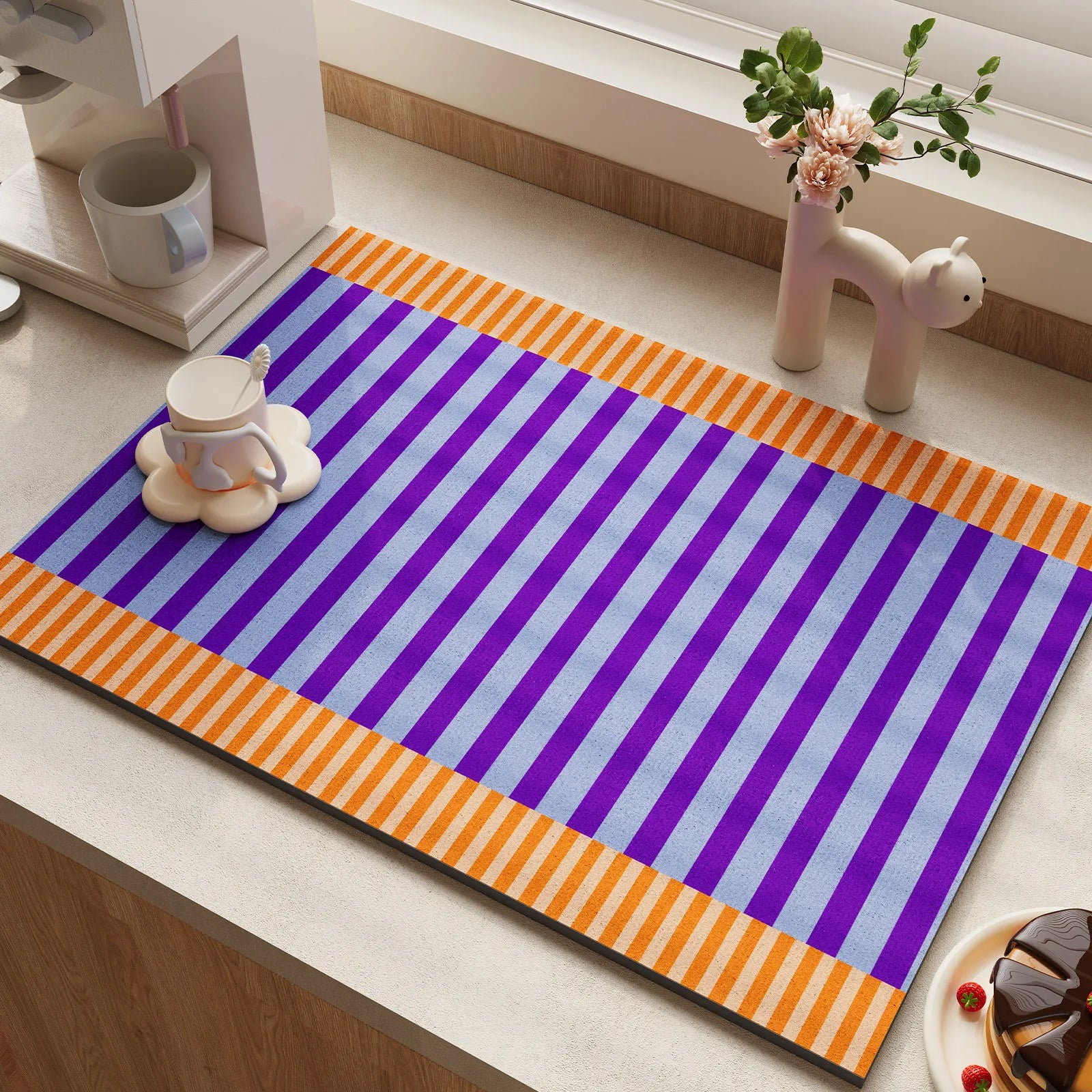 Dopamine Striped Diatomite Dish Drying Mat Super Absorbent Kitchen Countertop Drainer Pad Anti-Slip Coffee Bar Placemat Rug