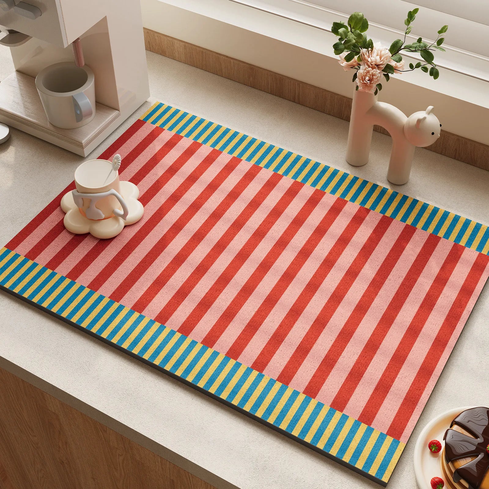 Dopamine Striped Diatomite Dish Drying Mat Super Absorbent Kitchen Countertop Drainer Pad Anti-Slip Coffee Bar Placemat Rug
