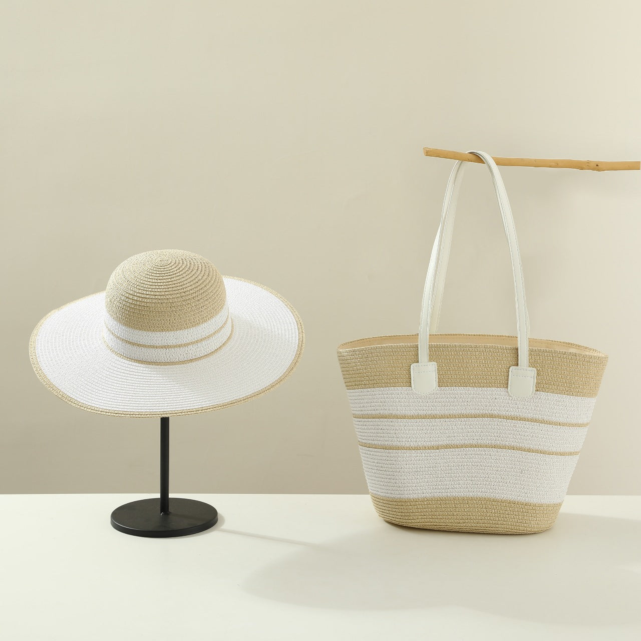 Handmade Designer Beach Straw Hat and Bag Set for Women
