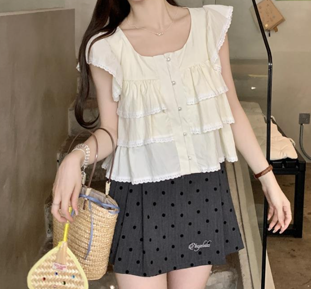 Maja Tiered Swiss Dot Button Down Top - Cream