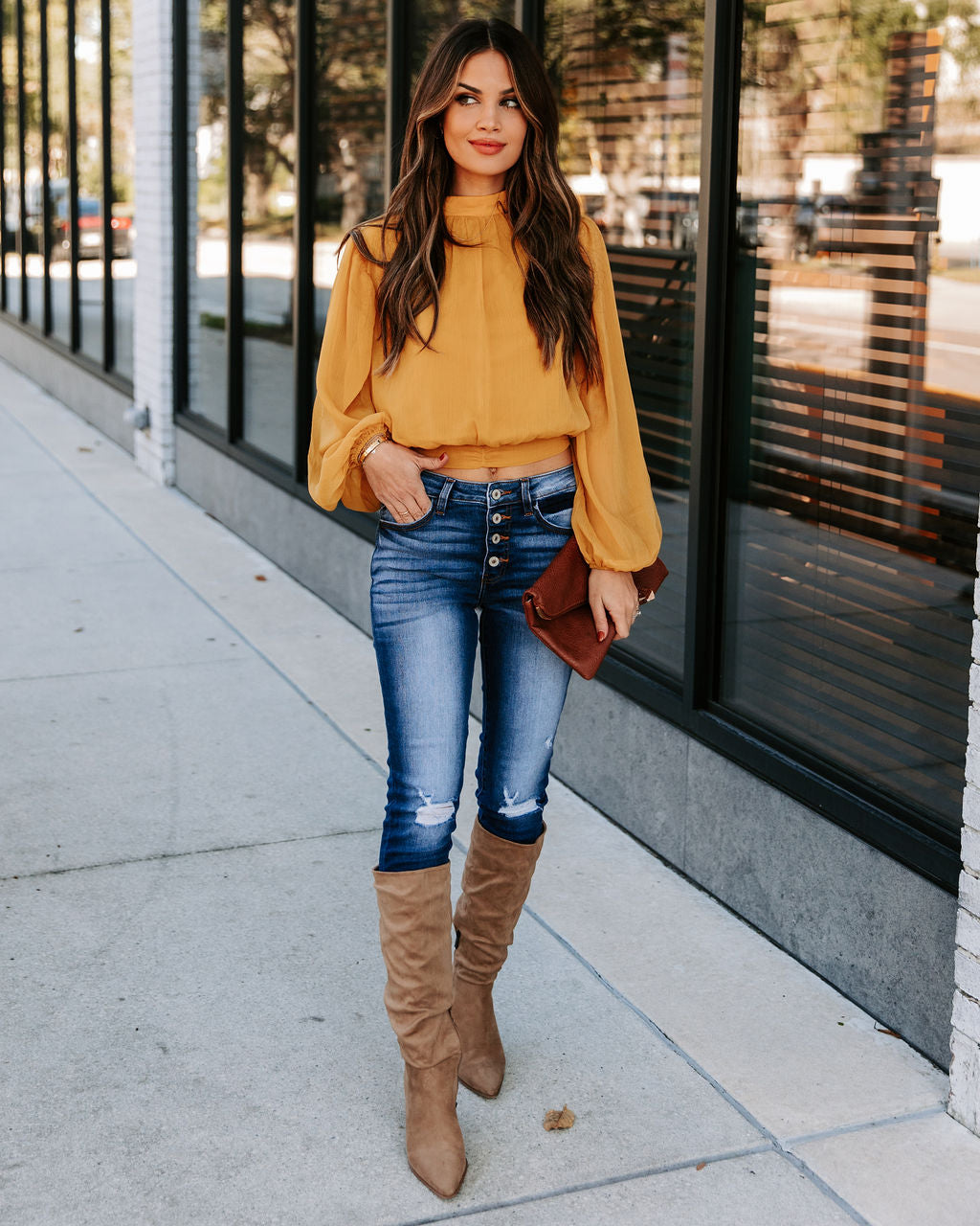 Marquee Mock Neck Billowed Blouse - Mustard