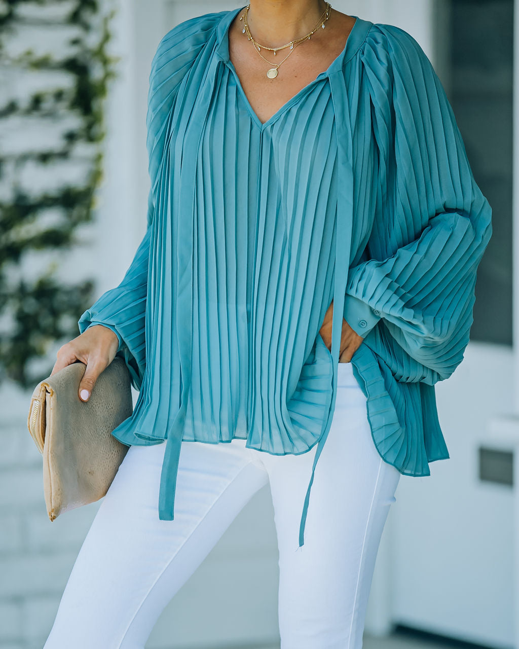 Nightfall Pleated Balloon Sleeve Blouse - Blue