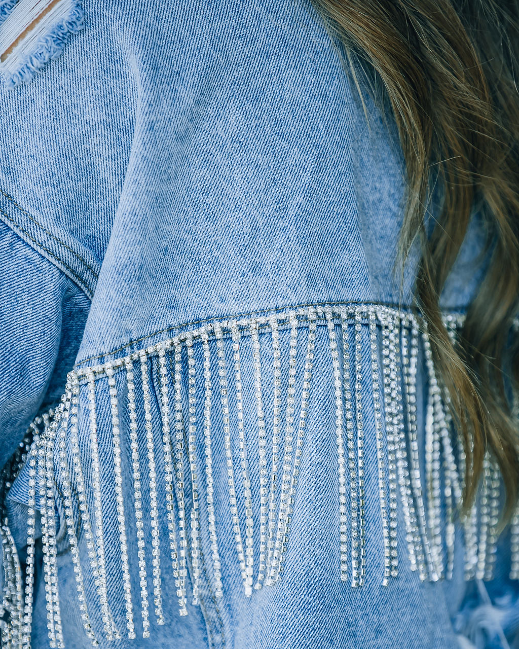 Meza Rhinestone Fringe Crop Denim Jacket