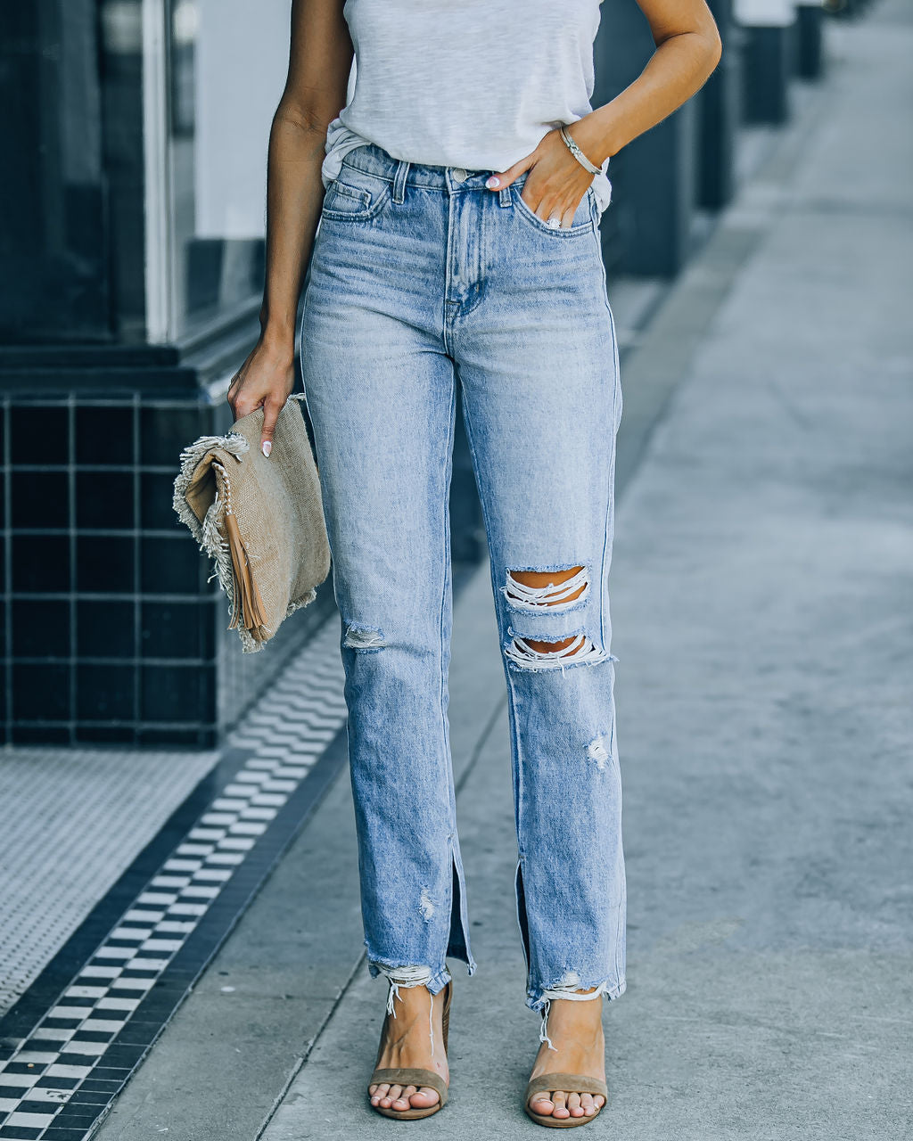 Shea High Rise Distressed Split Ankle Denim - Light Wash