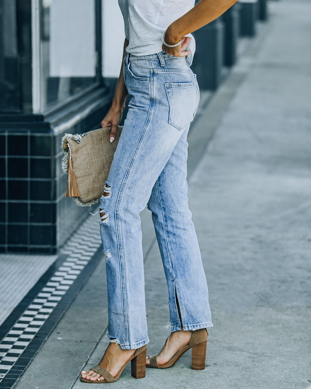 Shea High Rise Distressed Split Ankle Denim - Light Wash